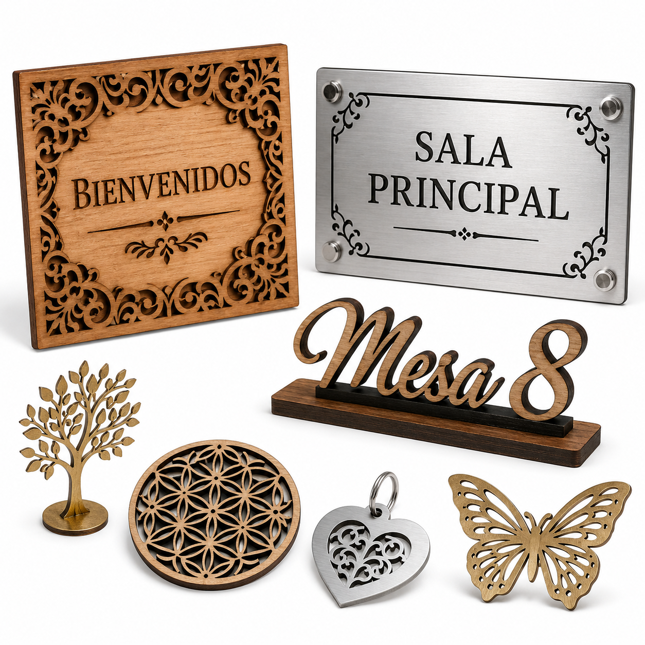 Productos de metal y madera cortados con laser